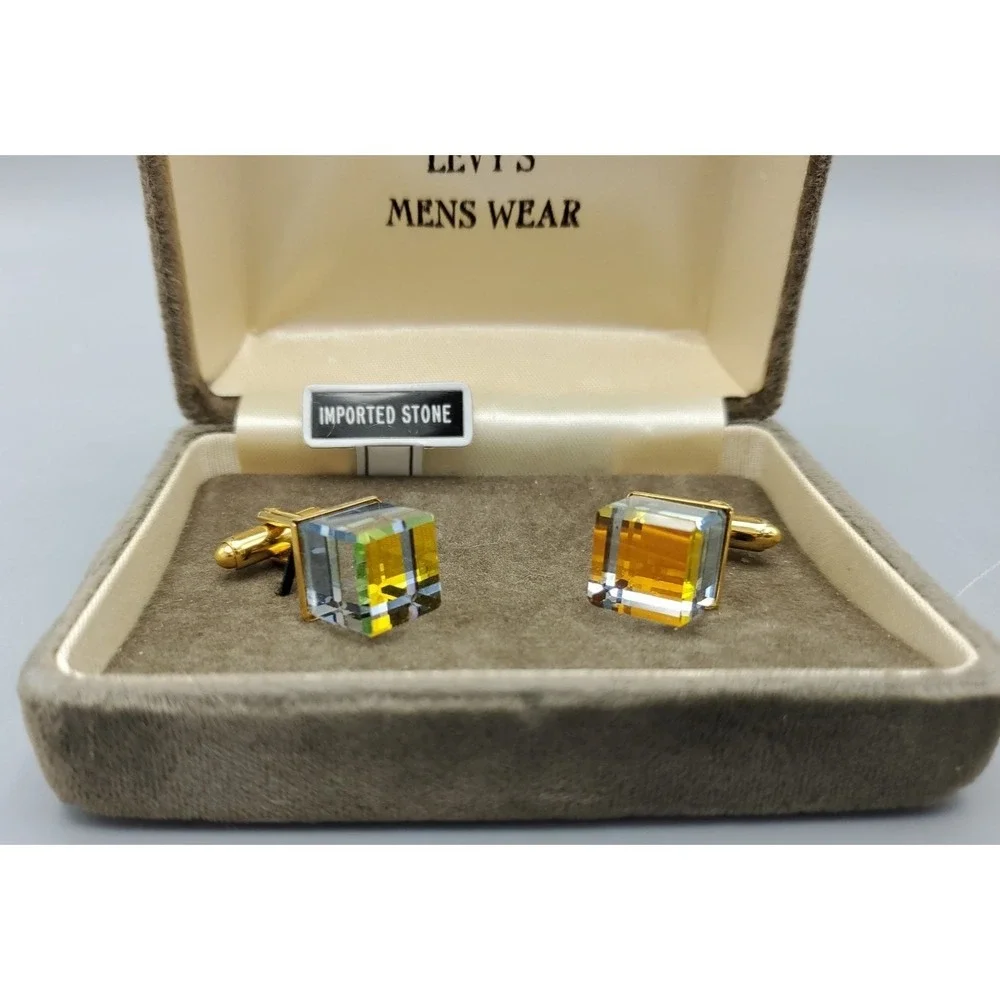 Vtg Cubic Prism Crystal Quartz Goldtone Cufflinks Levy's‎ Mens Wear Original Box
